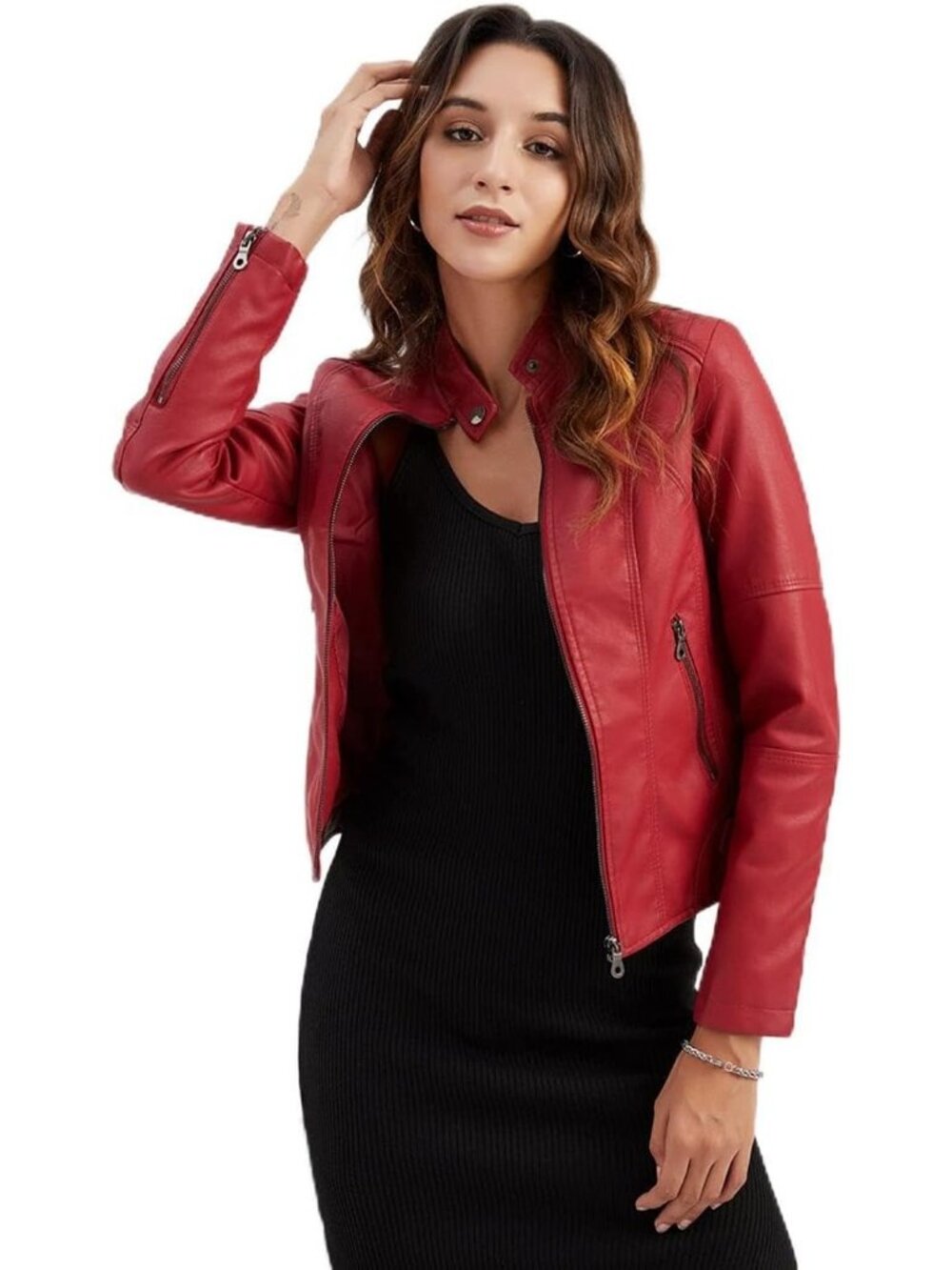 Women's Red Faux Leather Bomber Jacket Zipper closure Belted Motorcycle Coats